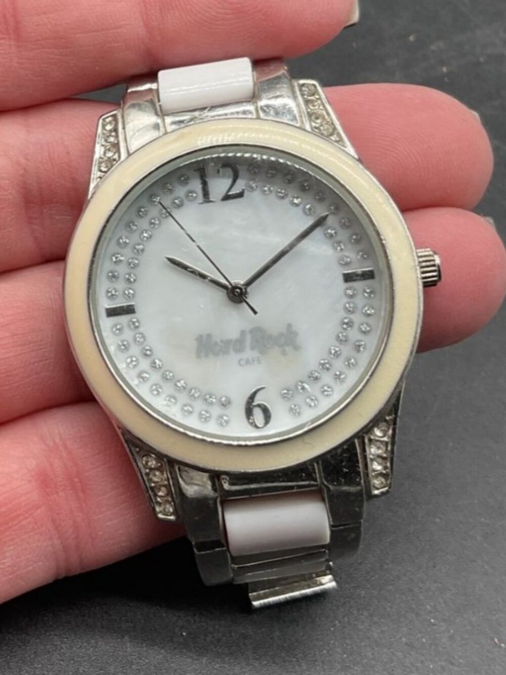 Vtg Hard Rock Cafe Stainless Steel Watch White Accents Crystal Details 1990s